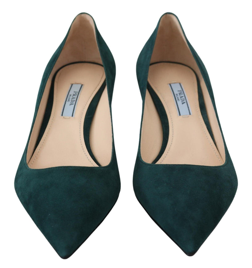 Prada Green Suede Leather Cone Heels Pumps Shoes