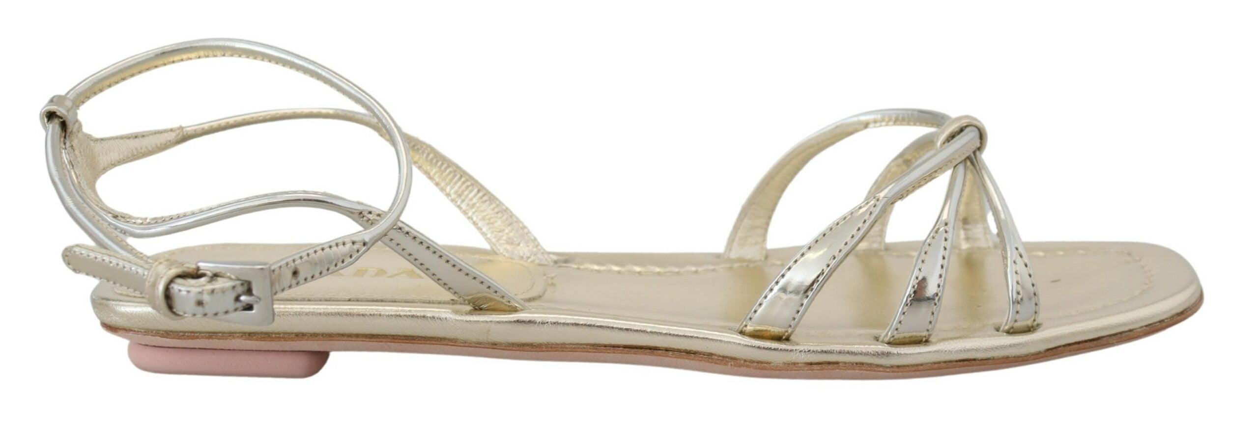 Prada Metallic Silver Leather Sandals Ankle Strap Flats Shoes - Ellie Belle