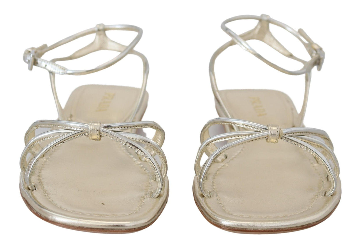 Prada Metallic Silver Leather Sandals Ankle Strap Flats Shoes - Ellie Belle