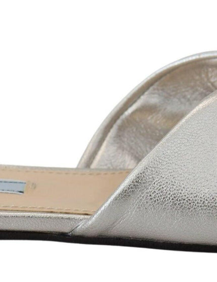 Prada Metallic Silver Leather Sandals Slip On Flats Shoes - Ellie Belle