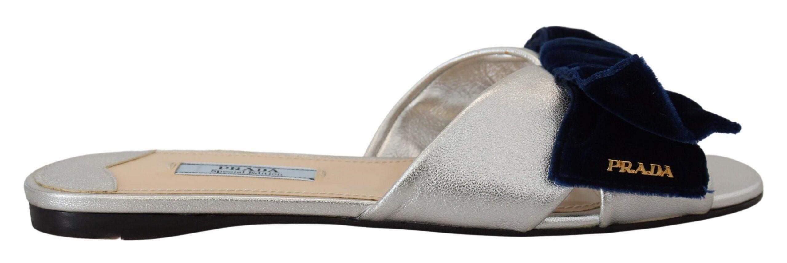 Prada Metallic Silver Leather Sandals Slip On Flats Shoes - Ellie Belle