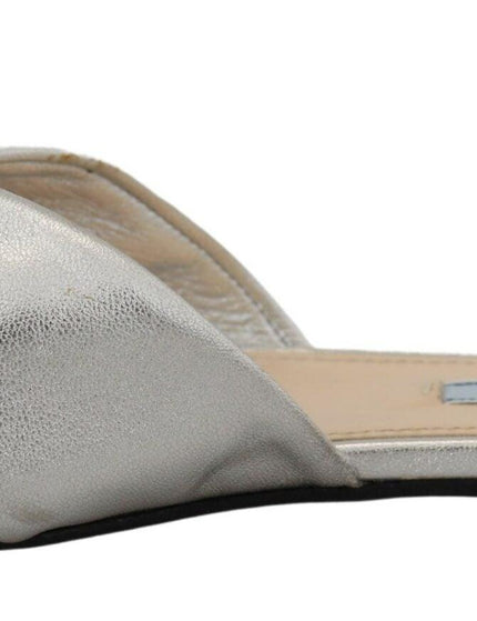 Prada Metallic Silver Leather Sandals Slip On Flats Shoes - Ellie Belle