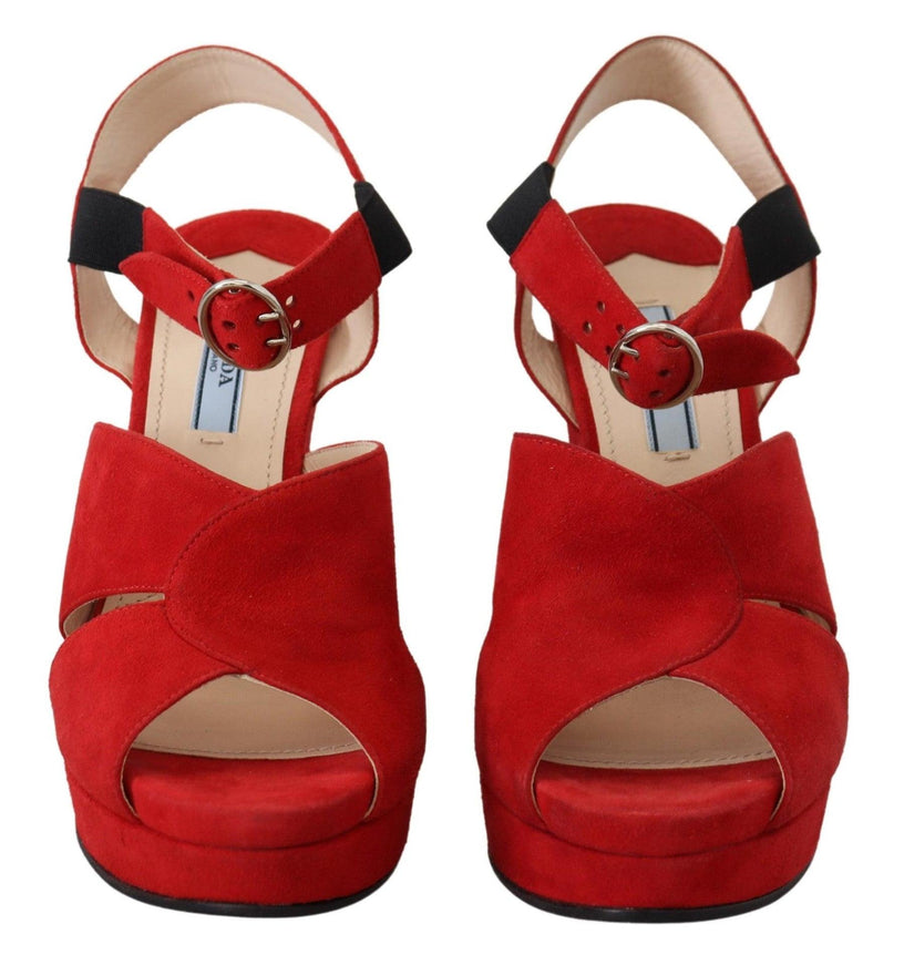 Prada Red Suede Leather Sandals Ankle Strap Heels Shoes - Ellie Belle