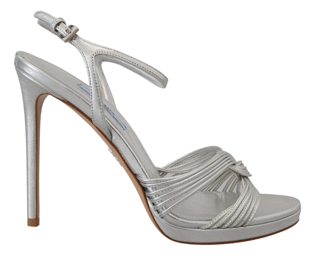 Prada Silver Leather Sandals Ankle Strap Heels Stiletto - Ellie Belle