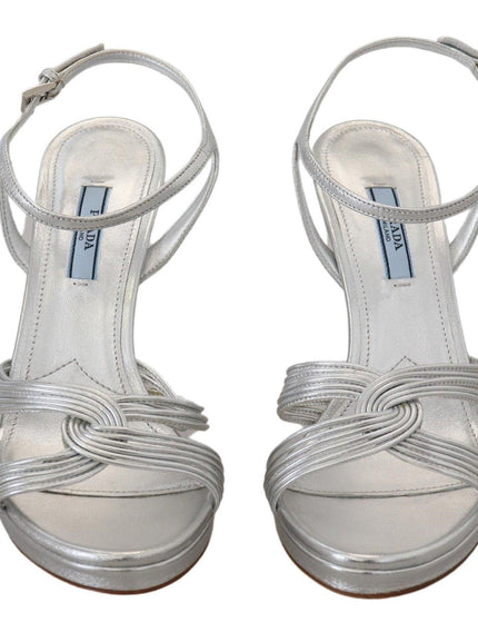 Prada Silver Leather Sandals Ankle Strap Heels Stiletto - Ellie Belle
