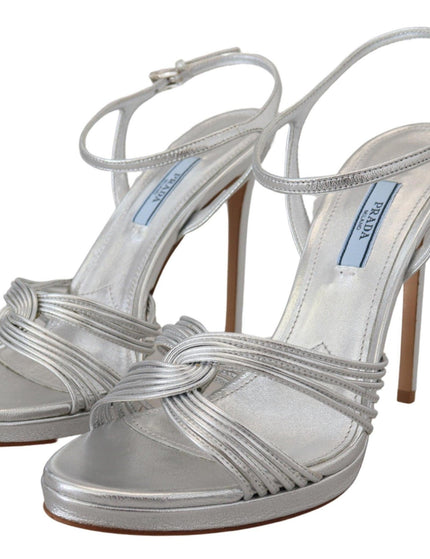 Prada Silver Leather Sandals Ankle Strap Heels Stiletto - Ellie Belle
