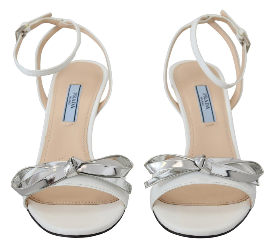 Prada Silver White Leather Sandals Ankle Strap Heels Shoes - Ellie Belle