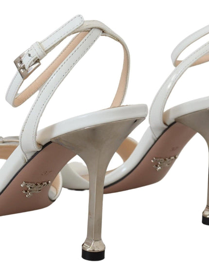 Prada Silver White Leather Sandals Ankle Strap Heels Shoes - Ellie Belle