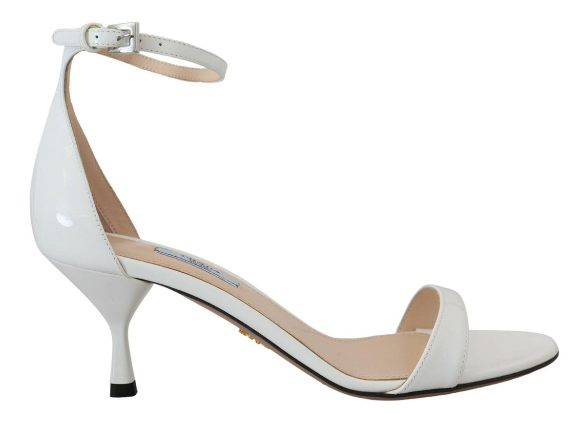 Prada White Leather Vernice Sandals Ankle Strap Heels Shoes