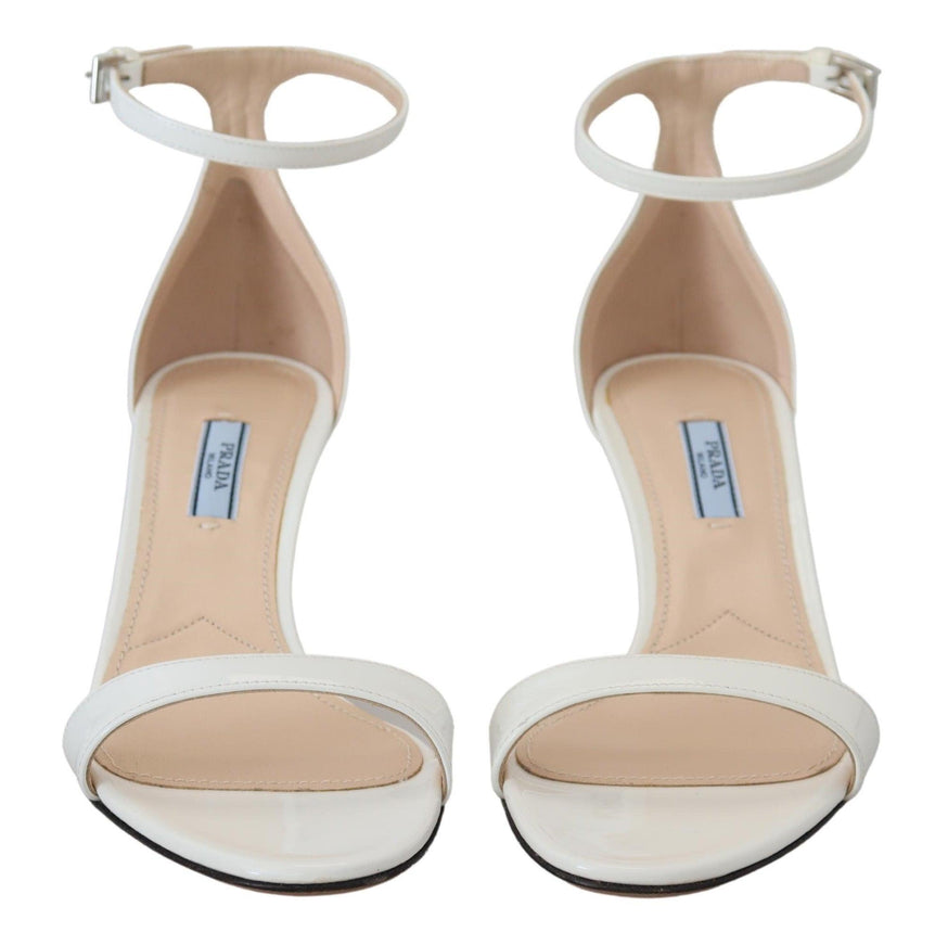 Prada White Leather Vernice Sandals Ankle Strap Heels Shoes - Ellie Belle