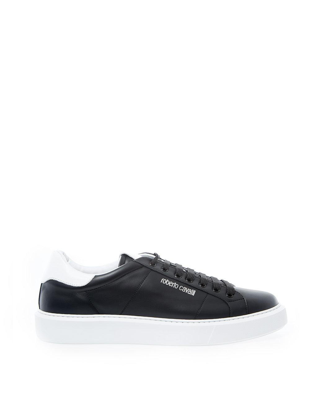 Roberto Cavalli Black Leather Sneakers with Silver Logo - Ellie Belle