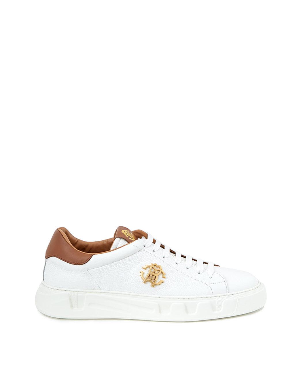 Roberto Cavalli White Leather Sneakers with Gold Logo - Ellie Belle