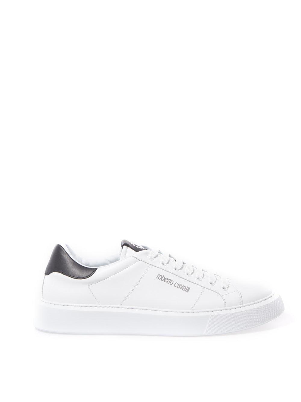 Roberto Cavalli White Leather Sneakers with Silver Logo - Ellie Belle