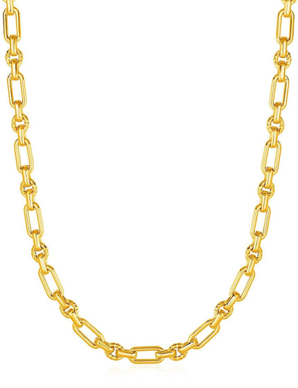 Rounded Rectangular Link Necklace with Textured Round Links in 14k Yellow Gold - Ellie Belle