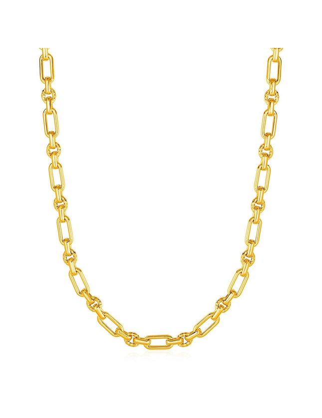 Rounded Rectangular Link Necklace with Textured Round Links in 14k Yellow Gold - Ellie Belle