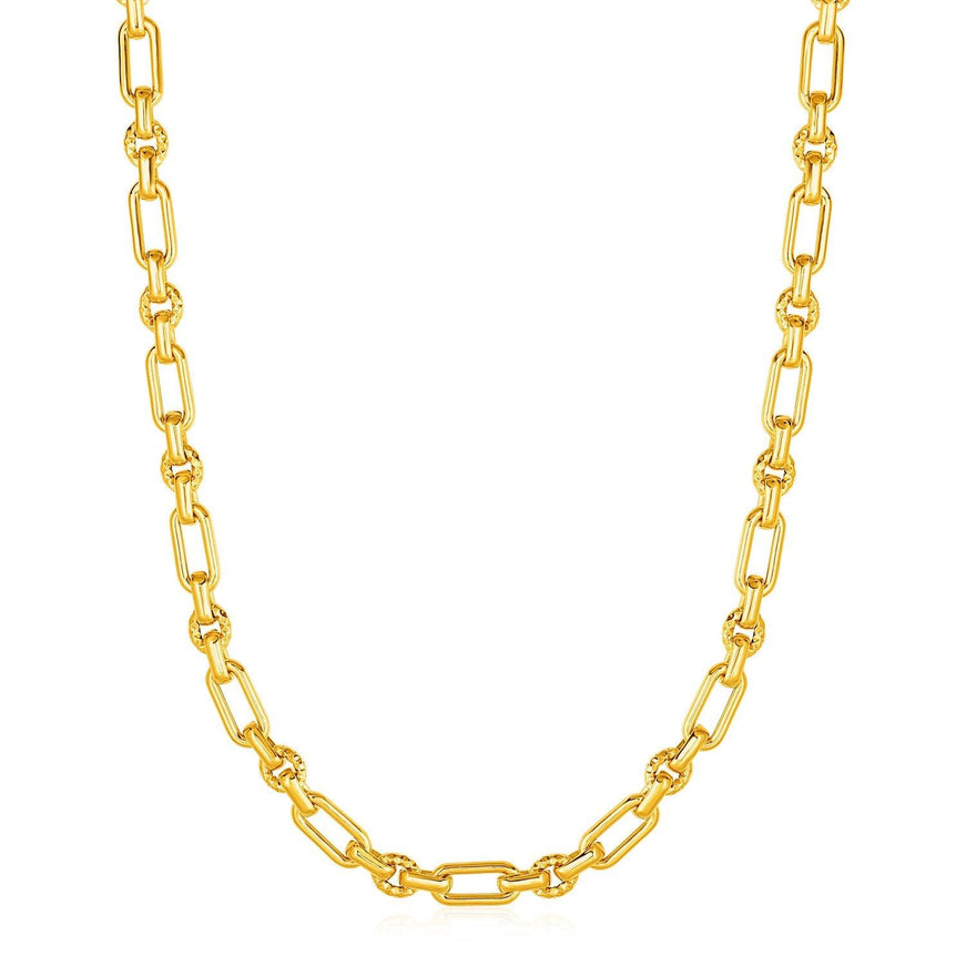 Rounded Rectangular Link Necklace with Textured Round Links in 14k Yellow Gold - Ellie Belle