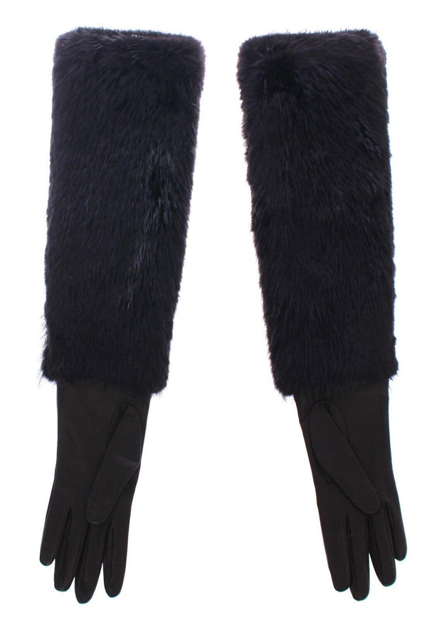 Dolce & Gabbana Black Beaver Fur Lambskin Leather Elbow Gloves - Ellie Belle