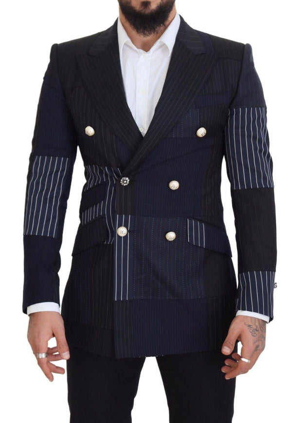 Dolce & Gabbana Blue Wool Patchwork Double Breasted Blazer - Ellie Belle