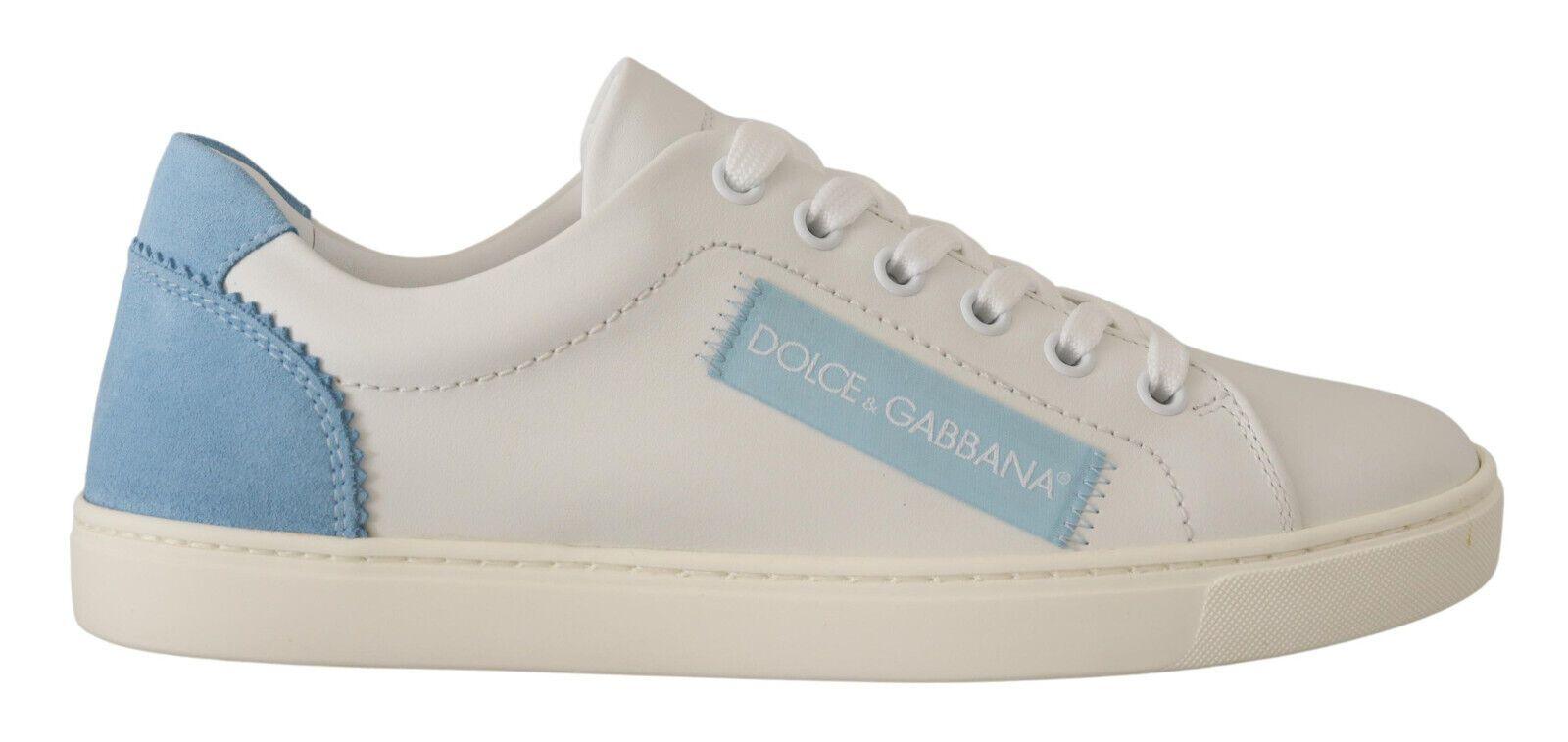 Dolce & Gabbana White Blue Leather Low Top Sneakers Shoes - Ellie Belle