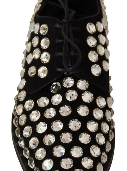 Dolce & Gabbana Black Leather Crystals Lace Up Formal Shoes