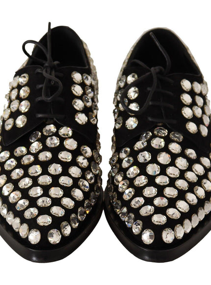 Dolce & Gabbana Black Leather Crystals Lace Up Formal Shoes