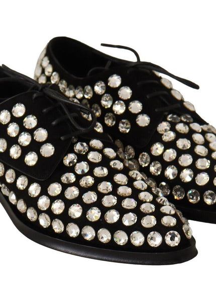 Dolce & Gabbana Black Leather Crystals Lace Up Formal Shoes