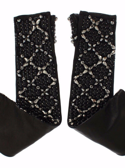 Dolce & Gabbana Black Leather Crystal Beaded Finger Free Gloves - Ellie Belle