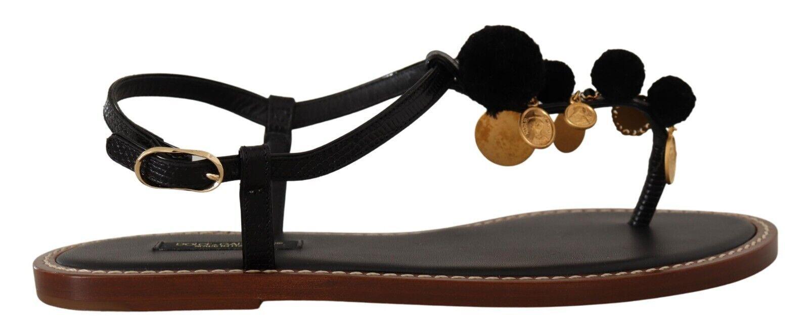 Dolce & Gabbana Black Leather Coins Flip Flops Sandals Shoes - Ellie Belle