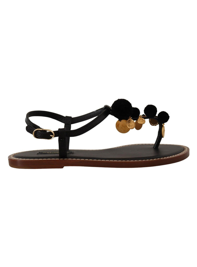 Dolce & Gabbana Black Leather Coins Flip Flops Sandals Shoes - Ellie Belle