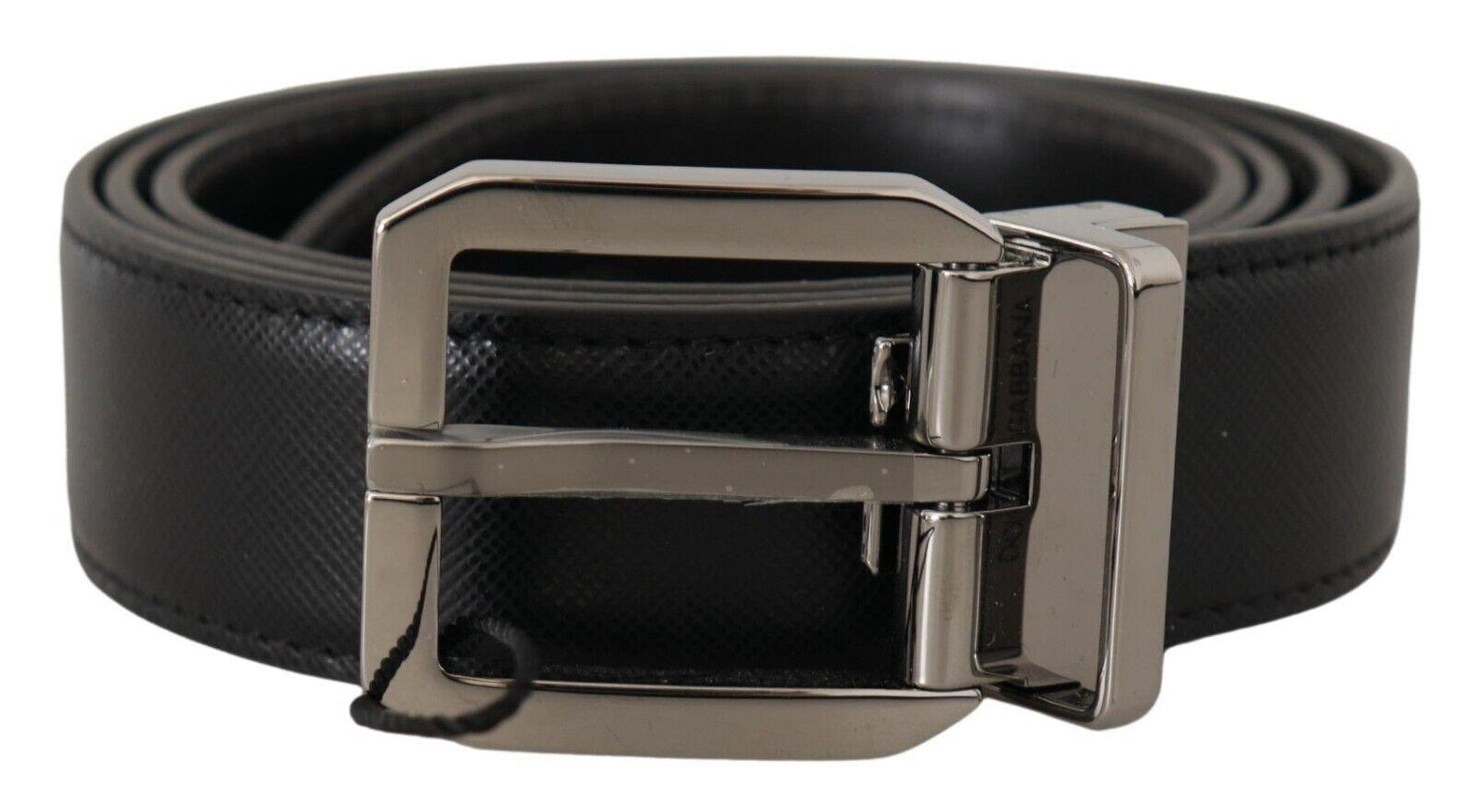 Dolce & Gabbana Black Calf Leather Logo Engraved Metal Buckle Belt - Ellie Belle