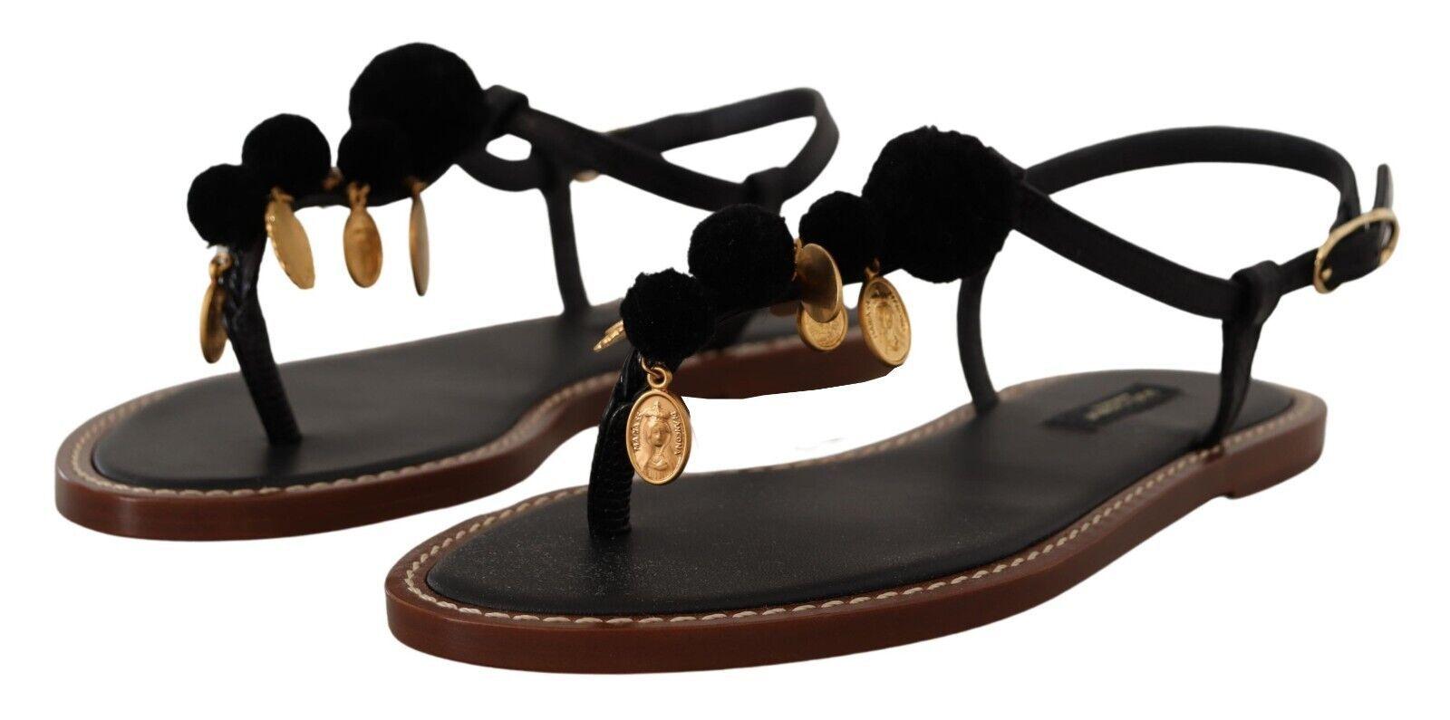 Dolce & Gabbana Black Leather Coins Flip Flops Sandals Shoes - Ellie Belle