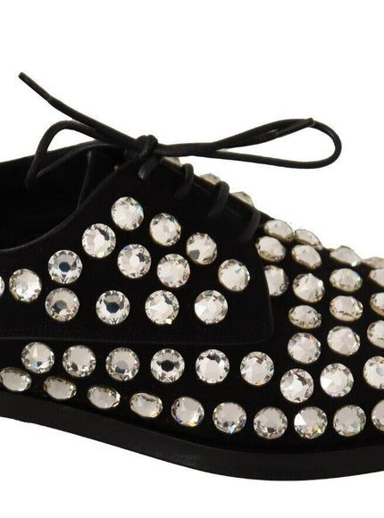 Dolce & Gabbana Black Leather Crystals Lace Up Formal Shoes