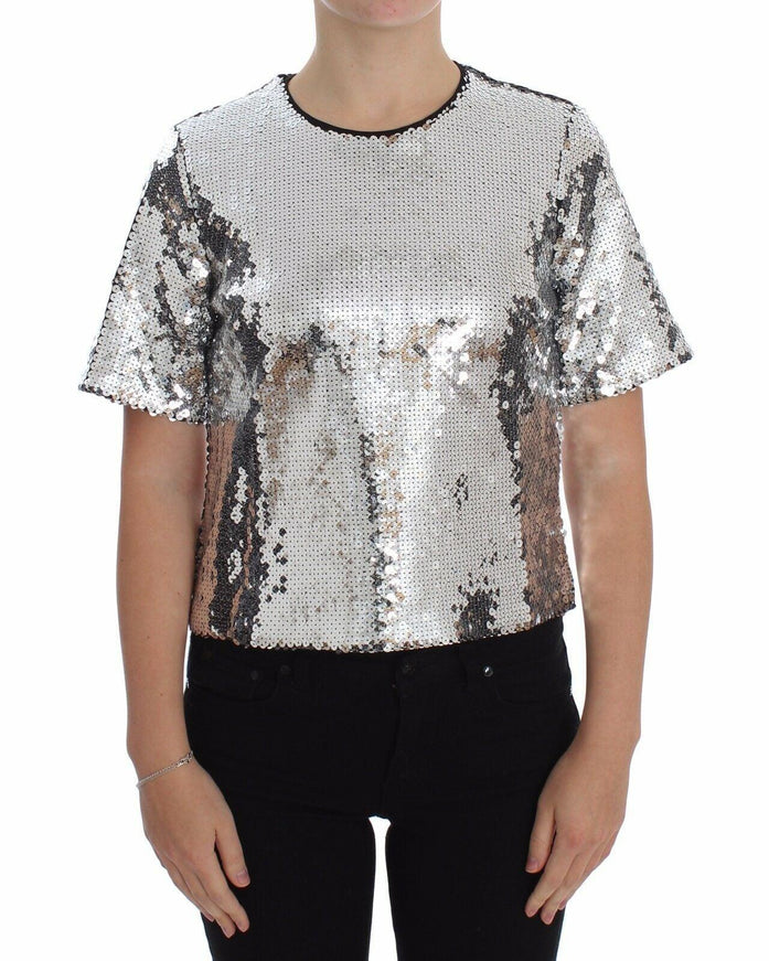 Dolce & Gabbana Silver Sequined Crewneck Blouse T-shirt Top - Ellie Belle