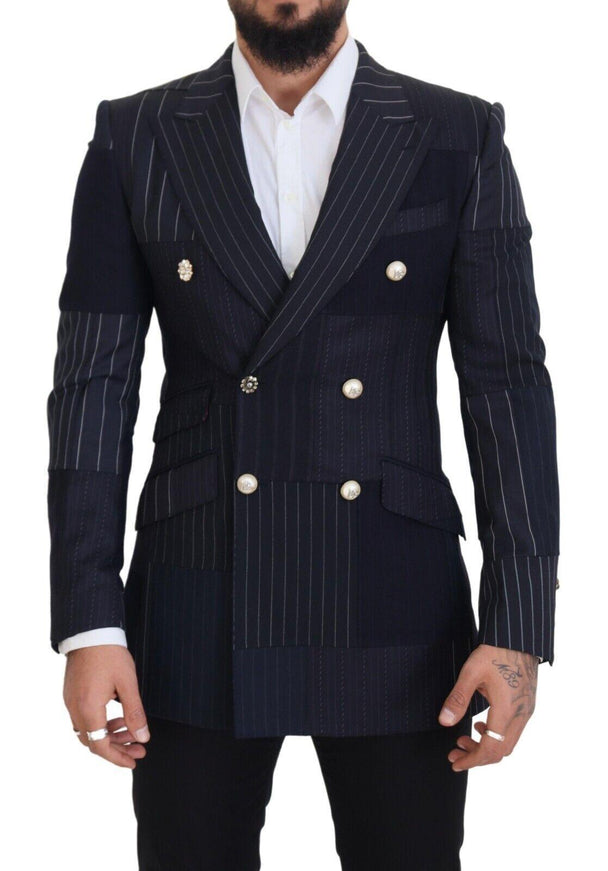 Dolce & Gabbana Blue Wool Patchwork Double Breasted Blazer - Ellie Belle