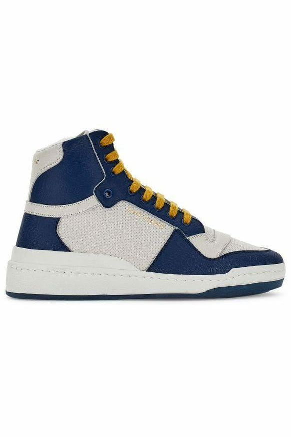 Saint Laurent Blue Calf Leather Mid Top Sneakers - Ellie Belle