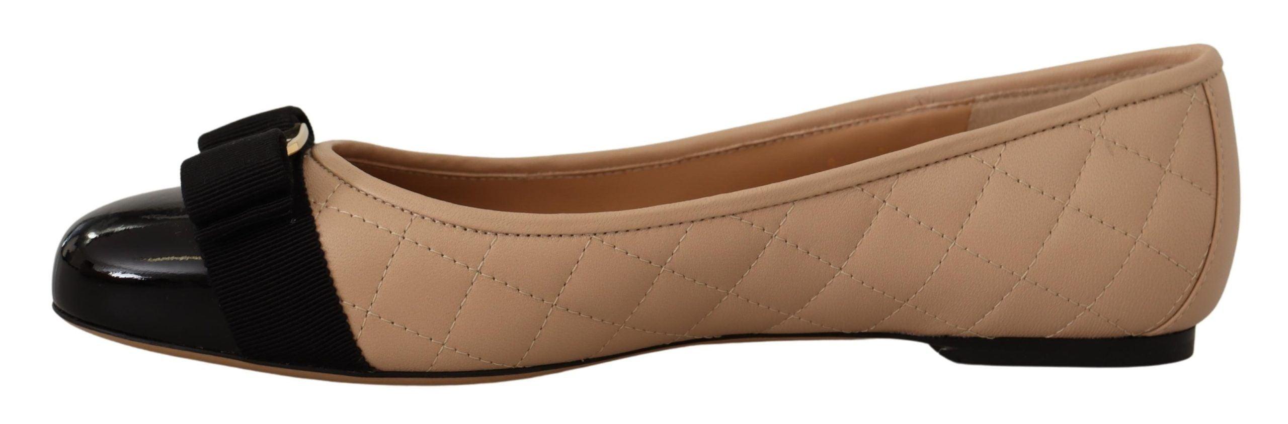 Salvatore Ferragamo Beige and Black Nappa Leather Ballet Flat Shoes - Ellie Belle