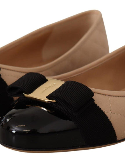 Salvatore Ferragamo Beige and Black Nappa Leather Ballet Flat Shoes - Ellie Belle