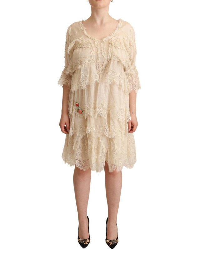 Twinset Beige 3/4 Sleeves Layered Lace Knee Length Dress - Ellie Belle