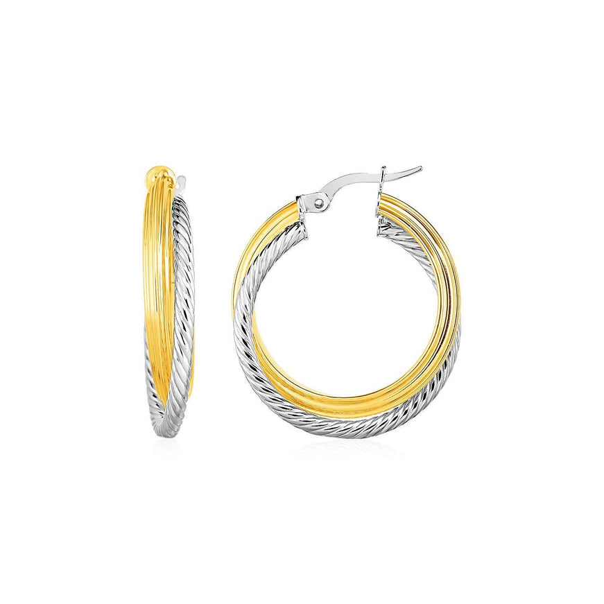 Two Part Textured and Shiny Hoop Earrings in 14k Yellow and White Gold - Ellie Belle