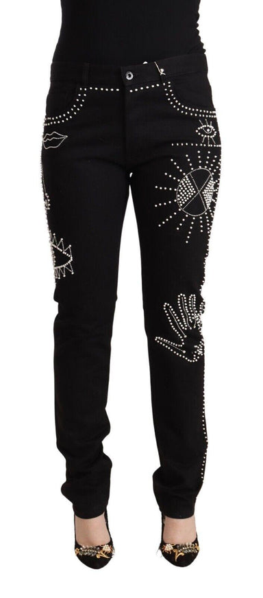 Valentino Black Cotton Mid Waist Embellished Slim Fit Jeans - Ellie Belle