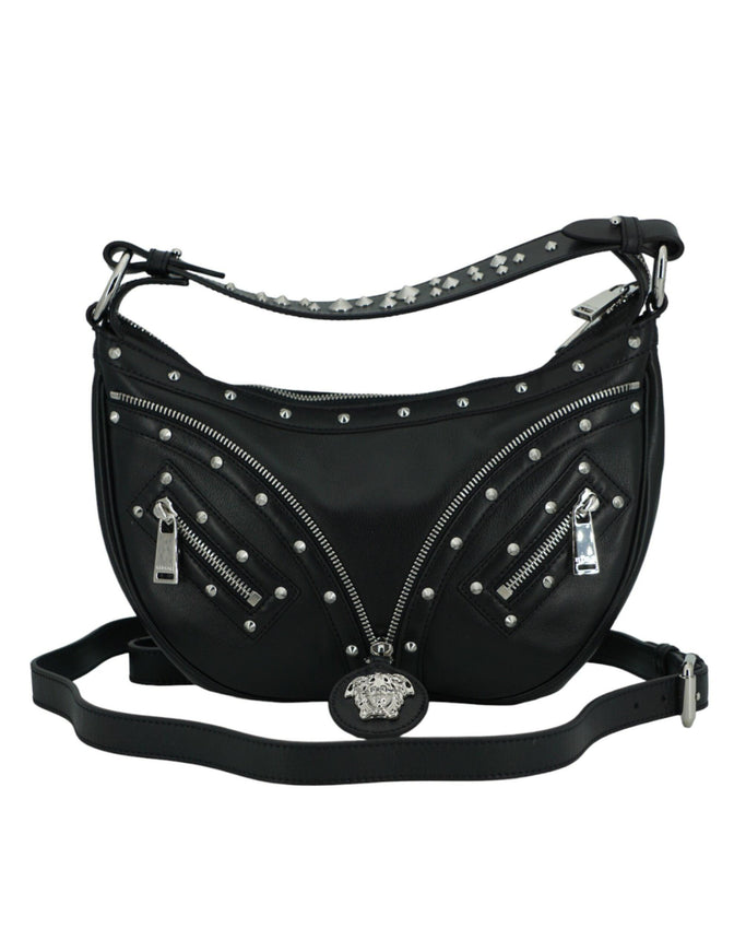 Versace Black Calf Leather Small Hobo Shoulder Bag - Ellie Belle