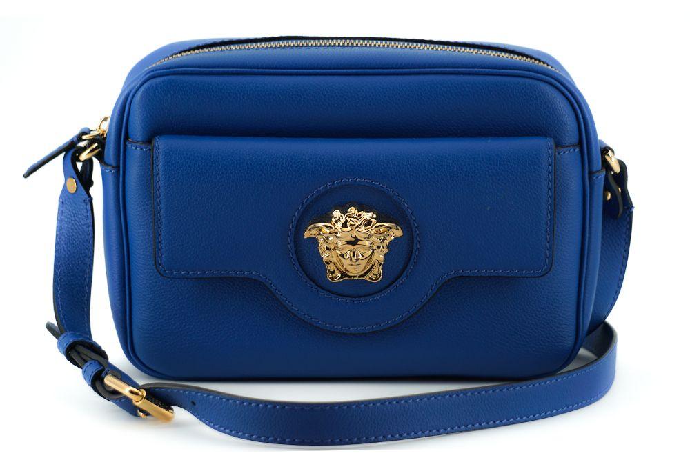 Versace Blue Calf Leather Camera Shoulder Bag - Ellie Belle