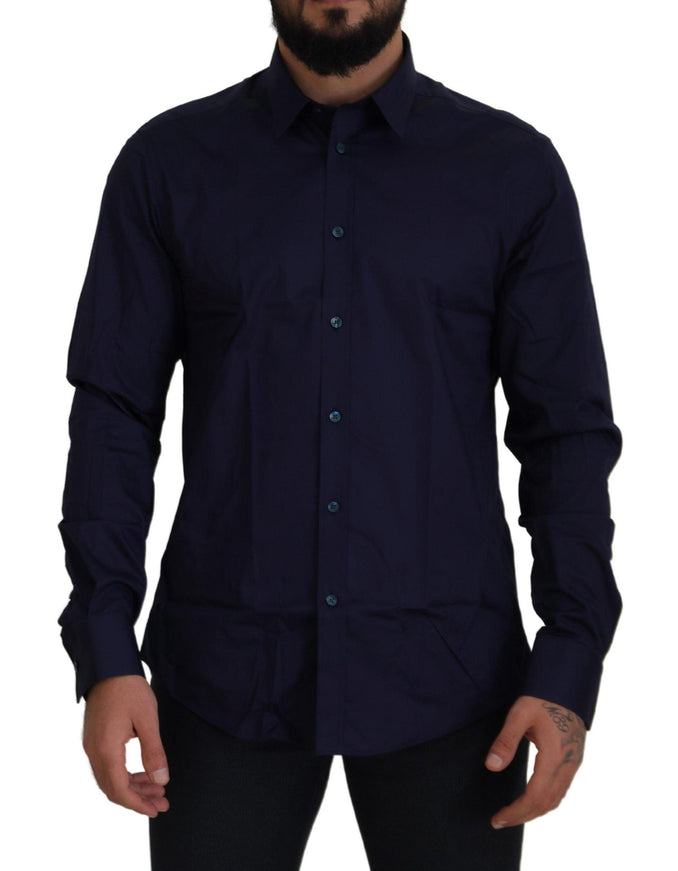 Versace Collection Dark Blue Cotton Formal Dress Trend Shirt - Ellie Belle