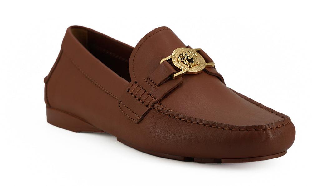 Versace Natural Brown Calf Leather Loafers Shoes - Ellie Belle