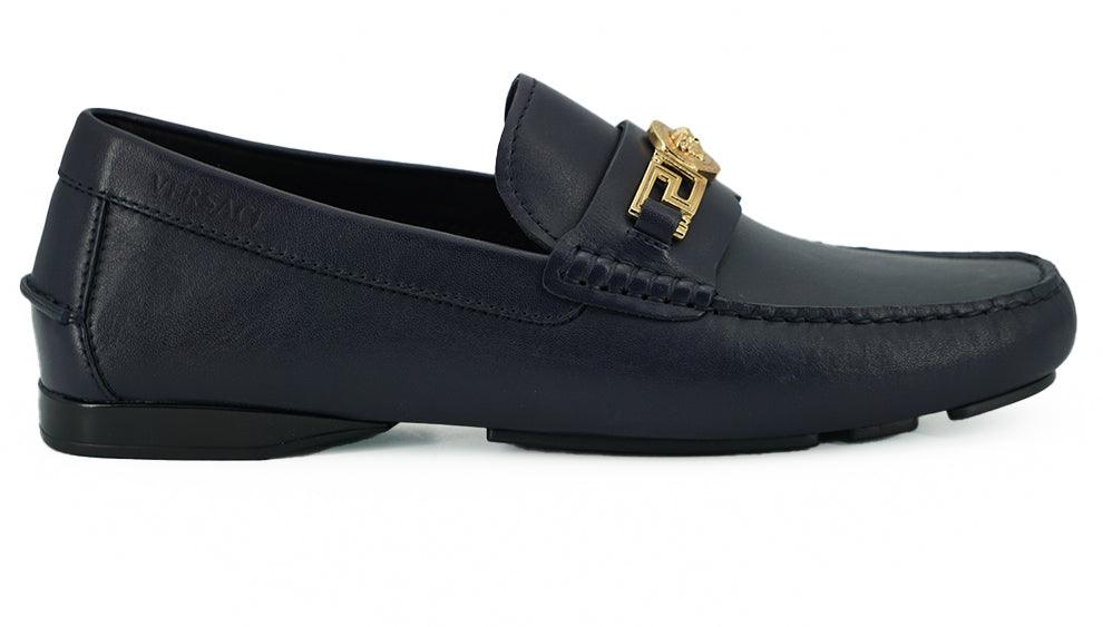 Versace Navy Blue Calf Leather Loafers Shoes - Ellie Belle