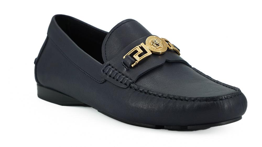 Versace Navy Blue Calf Leather Loafers Shoes - Ellie Belle