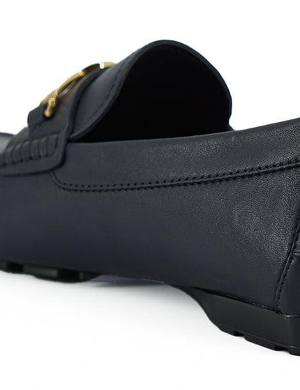 Versace Navy Blue Calf Leather Loafers Shoes - Ellie Belle
