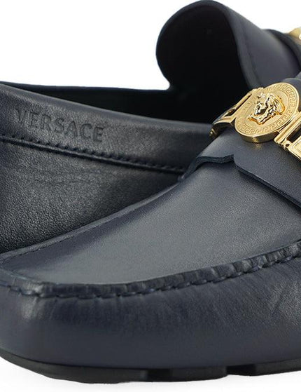 Versace Navy Blue Calf Leather Loafers Shoes - Ellie Belle