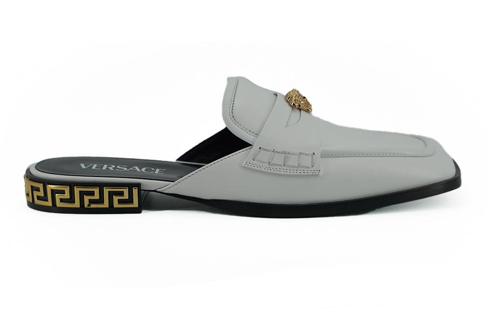 Versace White Calf Leather Slides Flat Shoes - Ellie Belle